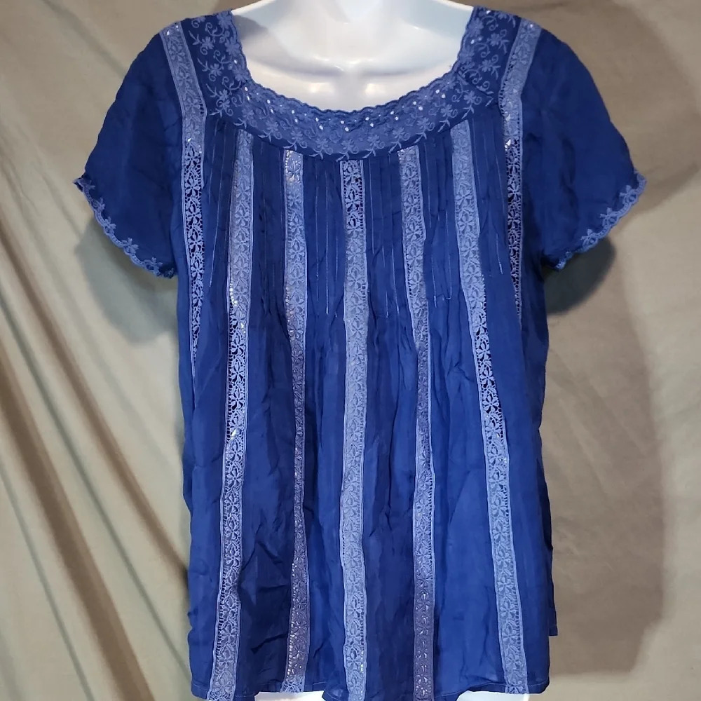 Johnny Was Navy Blue Lace Blouse - Picture 3 of 5